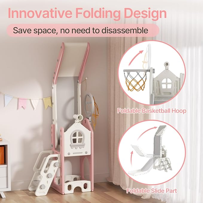 BIERUM 6 in 1 Toddler Slide - L-Shaped Baby Slide for Toddlers Aged 1-3 with Basketball Hoop, Telescope Toy and Anti-Slip Pads, Indoor Outdoor Toddler Playset, Pink Gray
