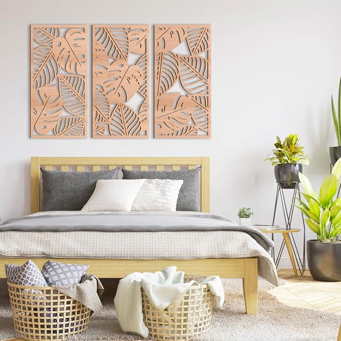 IARTTOP Large Wood Tropical Wall Art 15.9X32 Inch Carved Palm Leaves Wall Decor Coastal Leaf Monstera Plant Wall Sculptures for Living Room Bedroom Set of 3