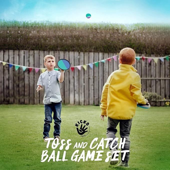 Kicko Toss and Catch Ball Game - Purple and Teal -Paddle Balls with Catcher Mitts, Hard and Soft Tennis Balls, & Travel Case - for Kids Indoor or Outdoor Team Sports, Backyard or Beach New & Improved