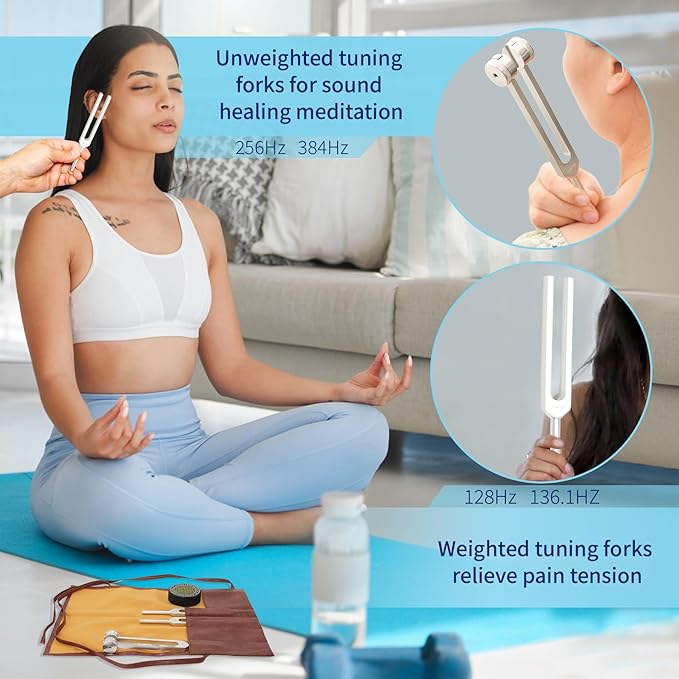 Tuning Forks for Healing Set – Includes 128Hz, 136Hz, 256Hz, 384Hz & Activator, Portable in Red Leather Pouch – Medical Grade Sound Healing Instruments for Chakra, Yoga, and Meditation