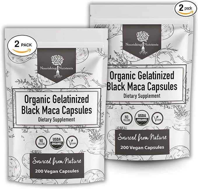 Organic Gelatinized Black Maca -4x Bioavailability 200 Capsules for Men Women, Energy Supplement for Focus, Performance, Stamina Endurance, Mood Enhancement, Hormone Balance, Mental Clarity 1000mg x 2