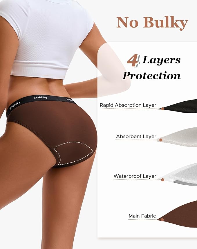 INNERSY Period Underwear Bikini Cotton Leak-Proof Moderate Flow 3-Pack | High-Cut Panties, 20ml Absorbency for Menstrual and Postpartum Protection