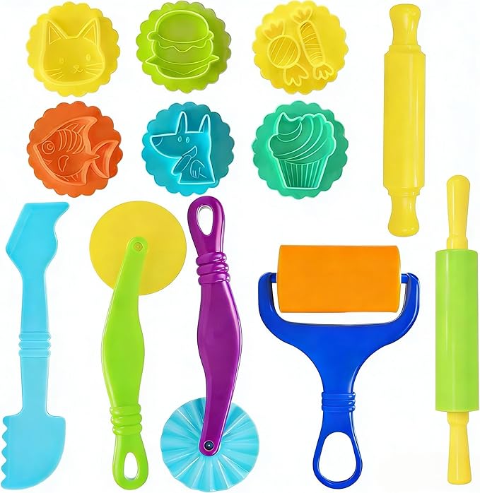 Dough Tools Set for Kids, 13 Pcs Dough Tools Sets for Kids Ages 4-8, Includes Molds Cutters Roller, Rolling Pins, Safety Scissors, Plastic Knife (color02)