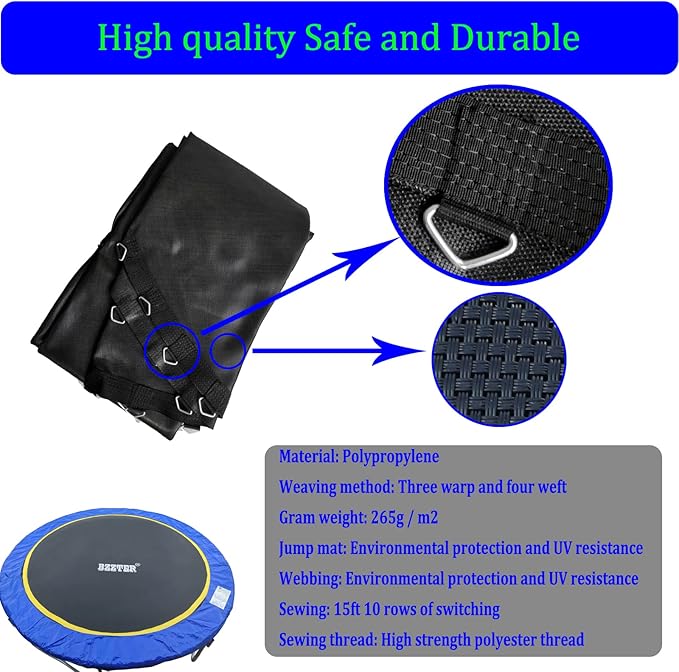 Trampoline Replacement Mat,Fits 15ft Round Frame with 90/96/100/108 Rings,Fits 5.3-8.5" Springs,Longer Lasting with 10 Rows of Stitches,w/Pull Hook and Gloves,（13ft-13.4ft Trampoline Mat