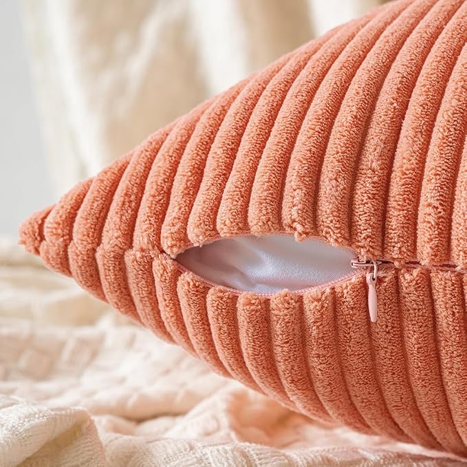 MIULEE Decorative Corduroy Throw Pillow Covers Set of 2 16x16 Coral Red | Soft Striped Textured Cushion Cases, Boho Square Lovely Cute Pillowcases, Home Decor for Couch Chair Sofa Bed Living Room