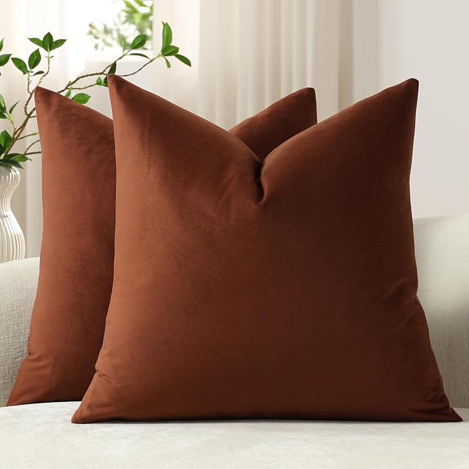 Throw Pillow Covers 22x22 Reddish Brown: Pack of 2 Cozy Soft Velvet Square Modern Luxury Decorative Throw Pillow Cases for Sofa Couch Living Room Bed Home Decor