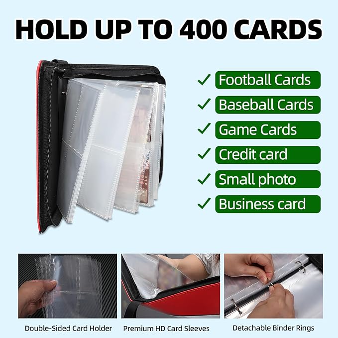 Collectible Trading Card Albums,4 Pocket Card Binder, 400 Double Sided Pocket PU Premium Zip Trading Collection Binderwith 50 Removable Sleeves, Card Folder forTCG, Sports Cards (Red & Yellow)