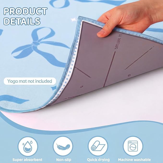 Breling Blue Bow Yoga Mat Towel with Grip Dot Preppy Coquette Bow Non Slip Ultra Absorbent Soft Microfiber Towel Without Hot Yoga Mat 72 x 24 Inch for Pilates Fitness Gym Women Birthday Gifts