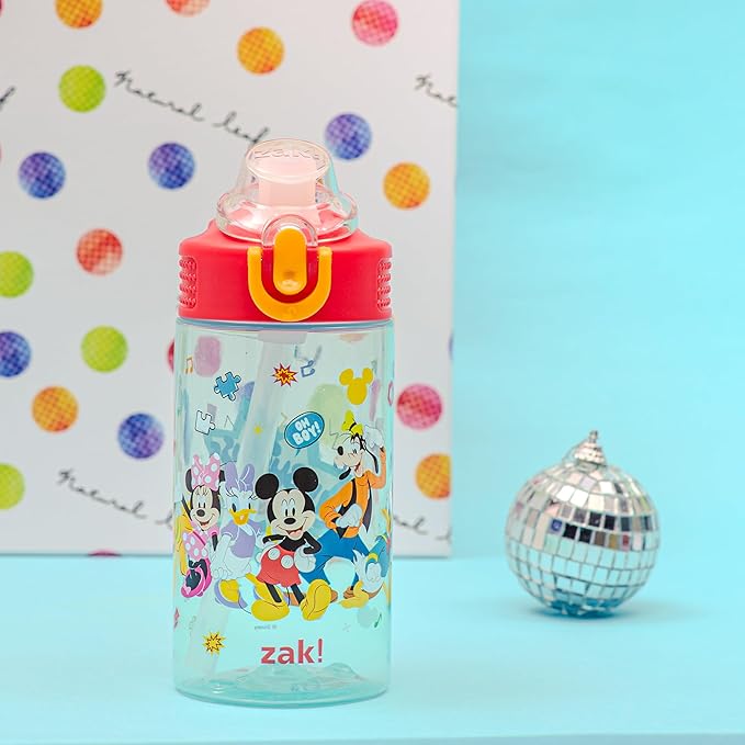 Zak Designs Disney Mickey Mouse Sage Kids Water Bottle For School or Travel, 16oz Durable Plastic Water Bottle With Straw, Handle, and Leak-Proof, Pop-Up Spout Cover (Clubhouse Crew)