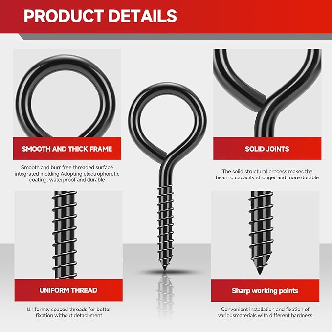 3.3 inch Eye Bolts - 20 Pcs Eyes Hooks Screw Heavy Duty 300 lbs Breaking Strength Black Rust-Resistant, Screw for Hanging Plant, Fixed Cablees, Indoor & Outdoor Use