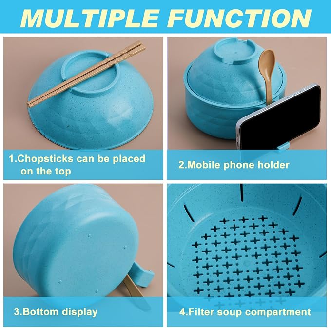 1 Set Microwave Ramen Cooker 40oz Wheat Straw Microwave Noodle Bowl Set with Chopsticks, Spoon, Fork, College Dorm Office Apartment Essentials (Sky Blue)