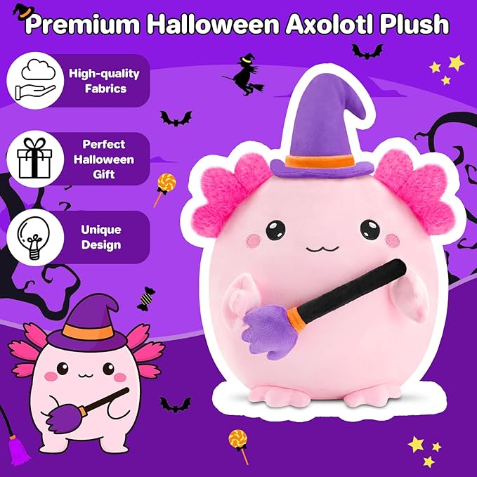 Halloween Axolotl Stuffed Animals, Axolotl Witch with Broom Stuffed Plush Halloween Party Gifts for Kids, Girls and Boys（Pink）