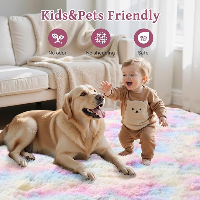5x7 ft Fluffy Rainbow Area Rug for Bedroom Soft Fuzzy Living Room Rug Non-Slip Shag Rugs Carpet for Nursery Kids Play Room Dorm Office Indoor Modern Plush Carpets