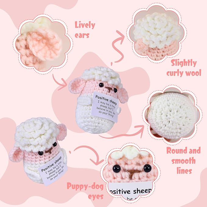 PARTY TONIGHT Positive Crochet Sheep with Affirmations Cards Sheep Gifts,Mini Knitted Positive Crochet Animals Lamb Emotional Support Crochet Sheep for Motivational Gift Sheep Decor