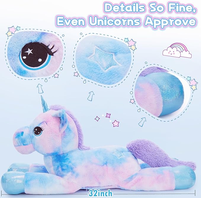 Tezituor 32in Giant Unicorn Plush Toys,Cute Rainbow Stuffed Animals,Birthday Decorations for Girls,Boys,Girlfriend,Big Unicorns Gifts for Children,Purple Blue