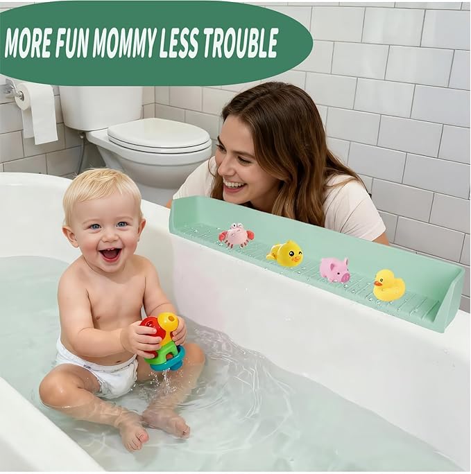 31-Ft Tub Kids Toy Tray Silicone Bathtub Splash Guard with 11 Suction Cups Holder,Soft Silicone Splash Guard for Easy Clean & Fold, Universal for Tub, Bathroom Sink, Kitchen Sink (Green)