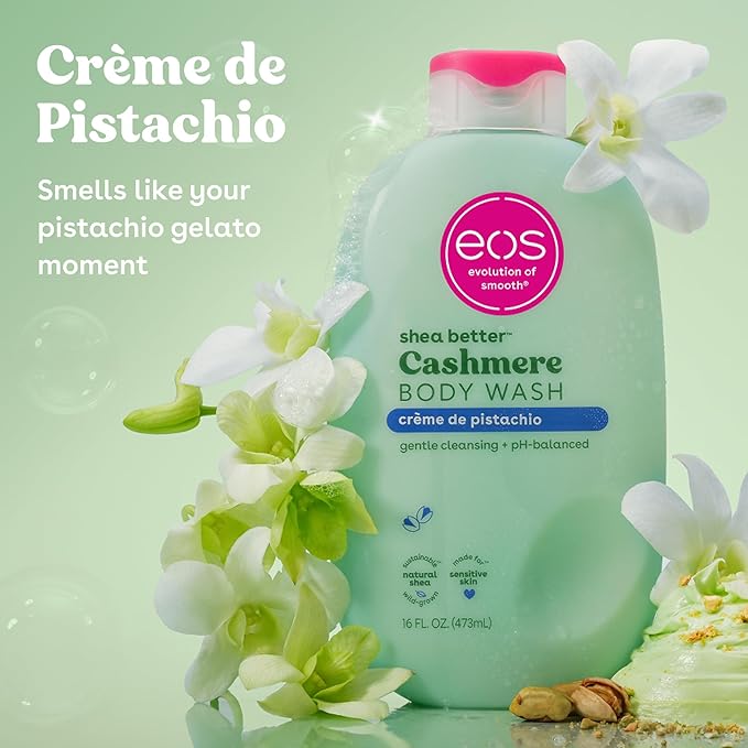 eos Cashmere Body Wash – Crème de Pistachio, Moisturizing Body Wash, Creamy Gel Formula, with Shea Butter, Glycerin, Vitamin E, pH Balanced, Sensitive Skin, Vegan, 16 fl oz