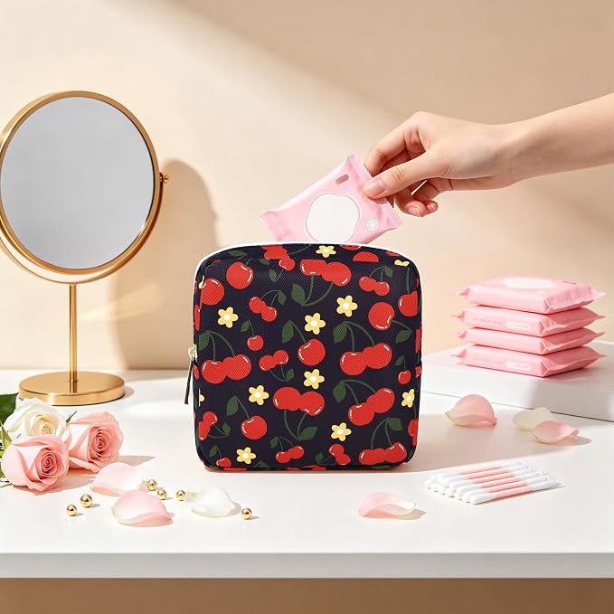 Period Bag Discreet Sanitary Napkin Storage Bags Pad Pouch | Cherry Print Deisgn, Portable, Menstrual Cup & Pad Holder, First Period Kit Storage, Feminine Bag for Women