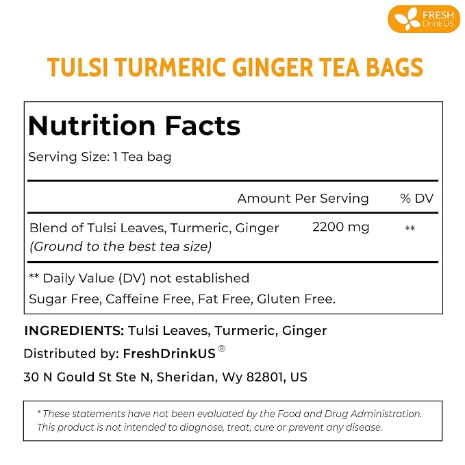 FreshDrinkUS, Premium 135 Tulsi Turmeric Ginger Tea Bags, 100% Natural & Pure from Tulsi Holy Basil Leaves, Turmeric and Ginger. Made with Natural Material Tea Bags. No Sugar, No Caffeine, Vegan.