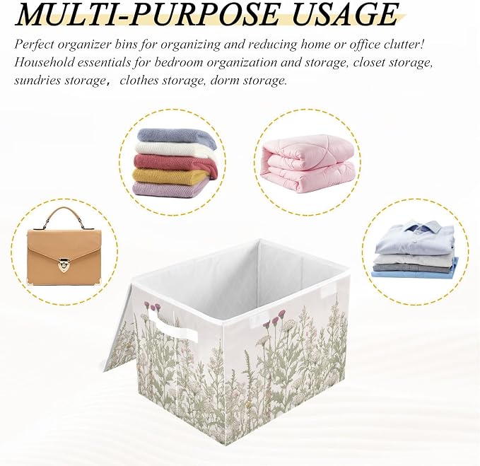 Kigai Collapsible Herbal Wildflowers Storage Basket with Lids and Handles,Storage Bins for Shelves Closet Bedroom,Office Storage