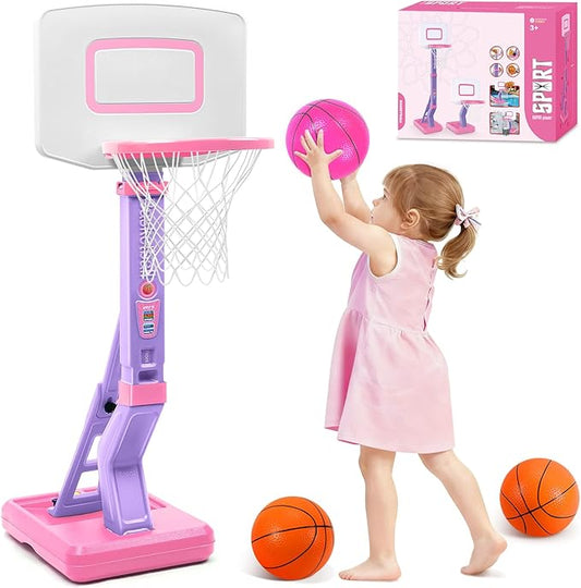Toddler Basketball Hoop Indoor Outdoor - Height Adjustable 27.6-54 Inches (5 Slots), Kids Basketball Hoop with 4 Inflatable Balls & Pump, Safe Toddler Toys for 1-6 Year Old Boys Girls