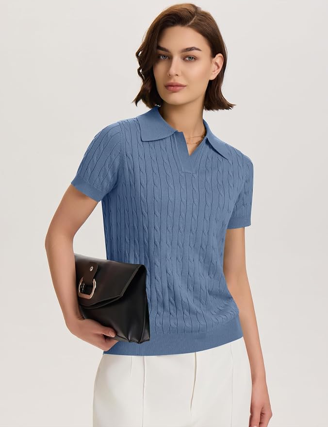 Micoson Womens Short Sleeve Sweater Tops Lapel V Neck Polo Shirts 2026 | Summer Cable Knit Loose Blouses, Business Casual Outfits