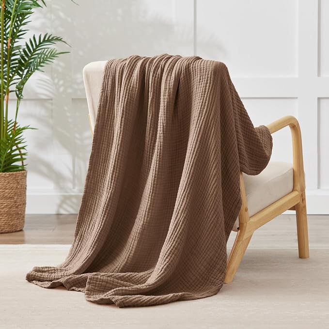 100% Cotton Muslin Blanket Large 50"x 70", Breathable and Lightweight Cotton Throw Blanket for Bed and Couch, Soft Cooling Summer Gauze Blanket for Adults All Season, Linen Brown