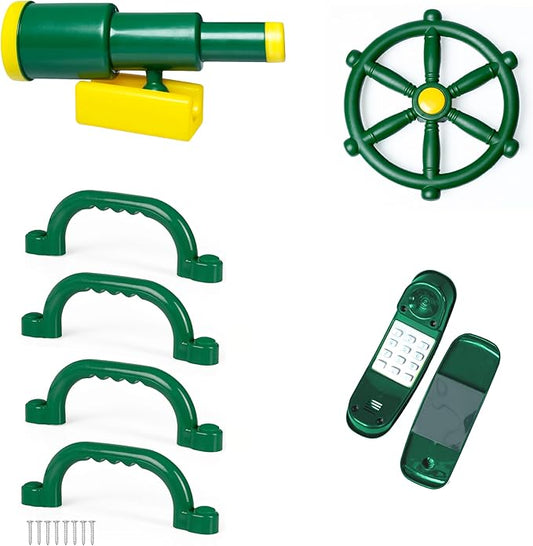 Barcaloo Playground Accessories for Kids Outdoor Playset for Kids 7 Piece Pirate Telescope, Playhouse Wheel, Green Safety Handle Bars & Phone Attachments for Backyard Treehouse, Jungle Gym & Swing Set