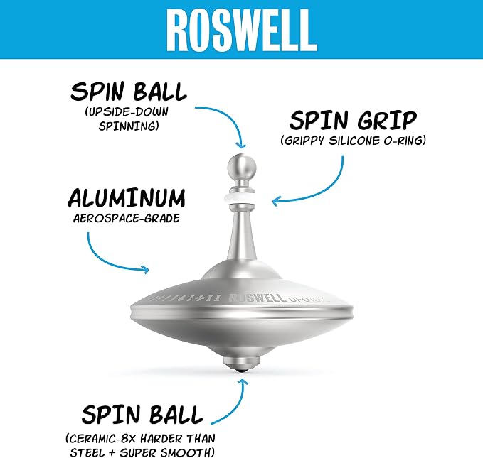 UFO Tops Roswell - Metal Spinning Fidget Toy Top - Inspired by The Documented 1947 UFO Sighting in Roswell, New Mexico (Color: Cosmic Silver)