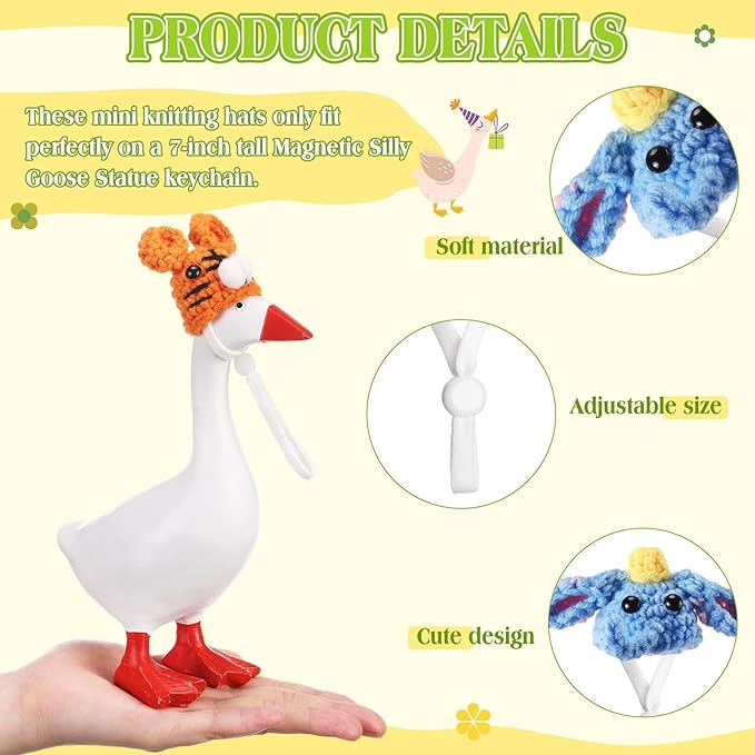 Geyoga 6 Pcs Mini Knitted Hats 7 Inch Goose Outfits Hat with Adjustable Strap Mini Porch Goose Headwear for Statue Key Holder