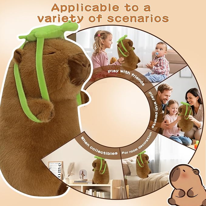 12 inch Cute Capybara Stuffed Animal with Turtle Backpack - Companion to Relieve Emotions - Skin-Friendly Material - Soft Kawaii Plush Pillow for Birthday Gift for Kids Boys Girls