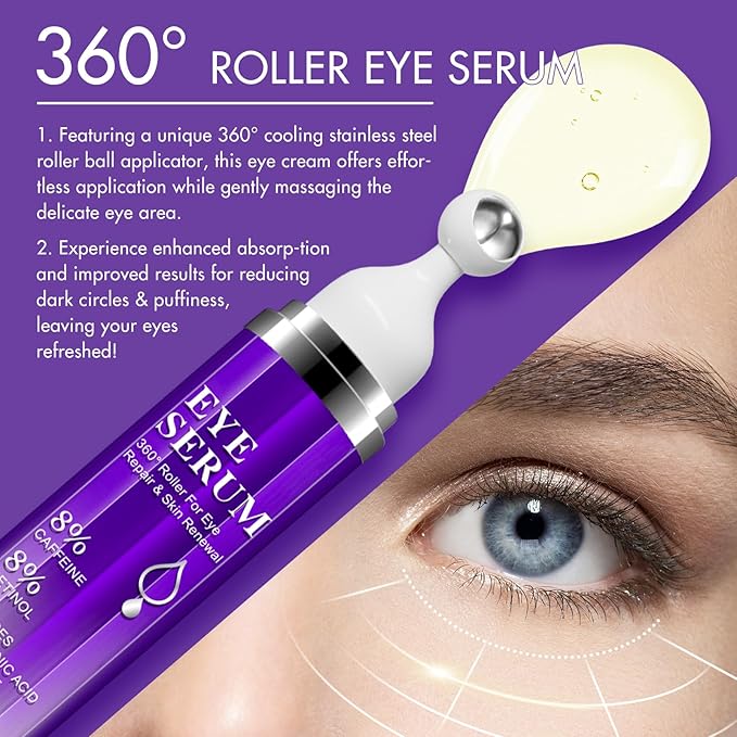 Advanced Eye Serum,8% Caffeine 8% Retinol Eye Treatment Cream,for Dark Circles Under Anti Aging Eyes Under Serum with 360°Massage Roller for Massage Ball 0.5 fl.oz