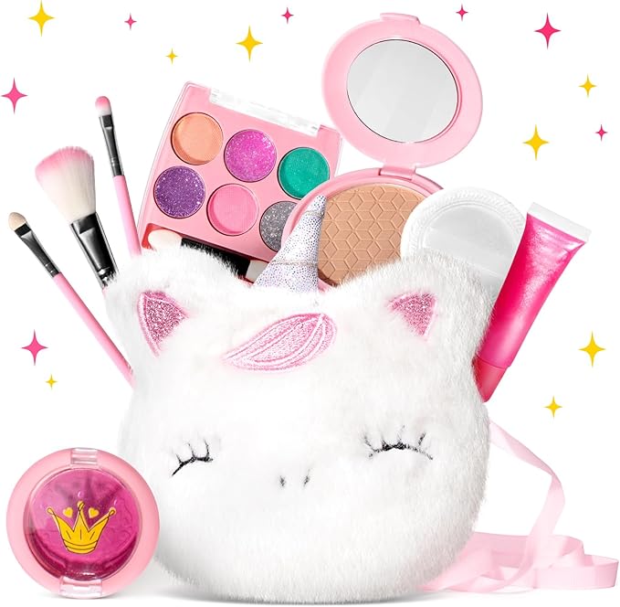 ULOVEME Kids Washable Makeup Kit for Girls 4-6 with Small Coin Purse(5.5x5.25in) - Real, Non Toxic Make Up Toy Gift- Umicorn Gift Set (White Umicorn v2)