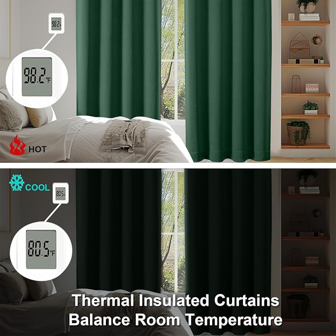 Simplebrand Ava Ever Green Blackout Curtains for Bedroom 63 Inch Length 2 Panels Set, Solid Thermal Insulated Privacy Living Room Window Treatment Curtains Blackout Drapes, W50 x L63 Inch