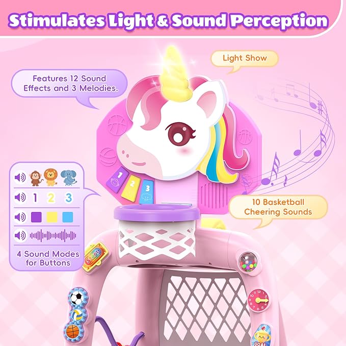 Toddler Basketball Hoop & Soccer Goal,Toys for 1 2 3 Year Old Girls, Baby Girl Sports Toy with LED Light Sound Music, Baby & Toddlers Unicorn Toys for 1-2-3 Year Old Girl Christmas Birthday Gifts