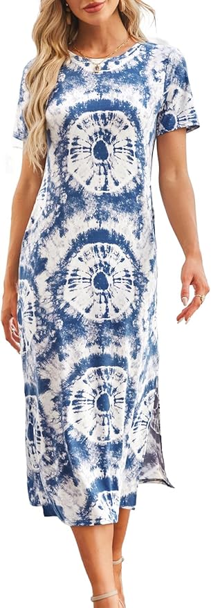 Naggoo Women's Casual T Shirt Midi Dress with Side Slit and Pockets