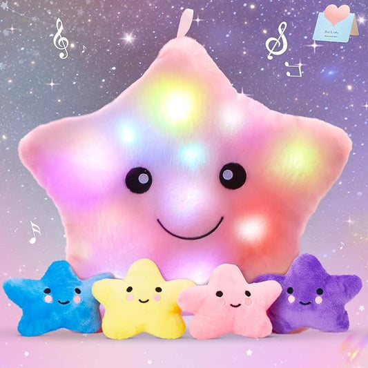 WEWILL 13 Inches Musical Light up Star Plush Toys with 4 Little Stuffed Stuffed Animal LED Night Light Stuffed Animal with Babies Birthday Easter Christmas for Toddler Kids Girls