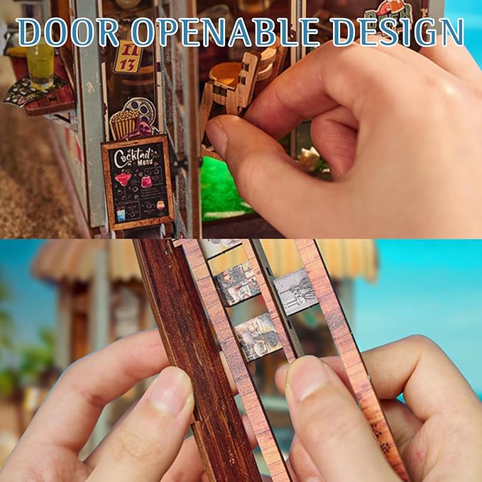 Foyucool DIY Book Nook Kit, Miniature Dollhouse Bookshelf Insert with Light, Laser-Cut Wooden Craft Set for Adults, Perfect for Teens and Adults, Beach Bar