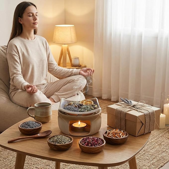 Handmade Ceramic Aromatherapy Diffuser | Herb Burner & Candle Wax Warmer with Tealight Holder, Home Fragrance Accessories forRelaxation & Meditation（3.15*2.95*2.95）