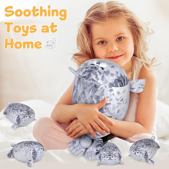 KMUYSL Toys for Ages 3 4 5 6 7 8+ Years - Plush Mommy Stuffed Animal with 4 Babies in Her Tummy, Soft Plush Toys Set, Christmas Birthday Gifts for Girls Boys Baby, Toddler, Kids (Seal Toys)