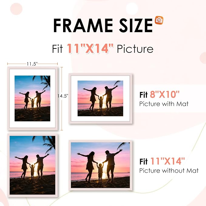 FIXSMITH 11x14 Picture Frame 2 Pack, Pink Photo Frame with HD Plexiglass, Display Pictures 8x10 with Mat or 11x14 Without Mat, Black Picture Frames Collage Wall Decor, Gallary Wall Frame
