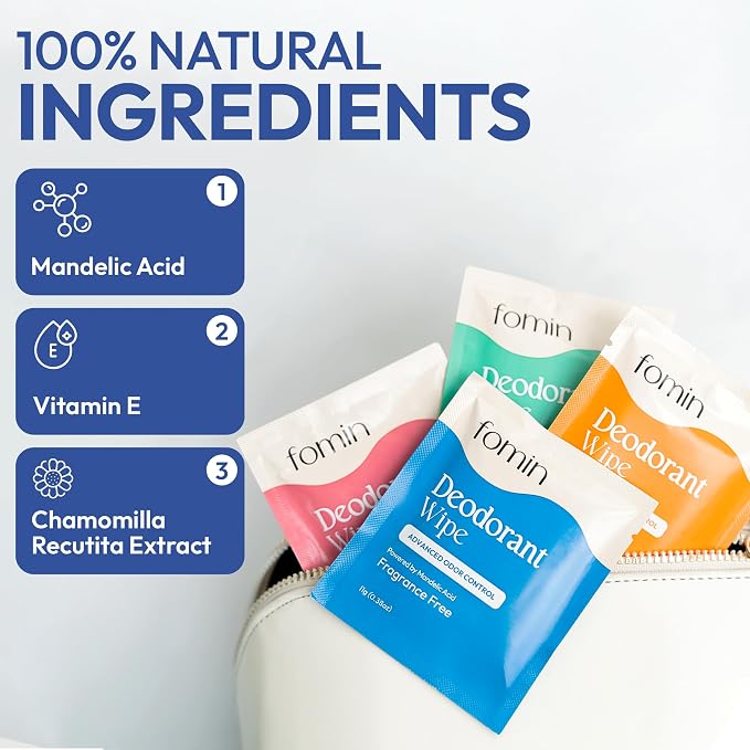 FOMIN Acidified Travel Deodorant Wipes For Women & Men - 15 Count - Variety Pack - pH Balanced, Mini Deodorant Travel Size Wipe - Plastic-Free, Individually Wrapped Underarm Body Wipes
