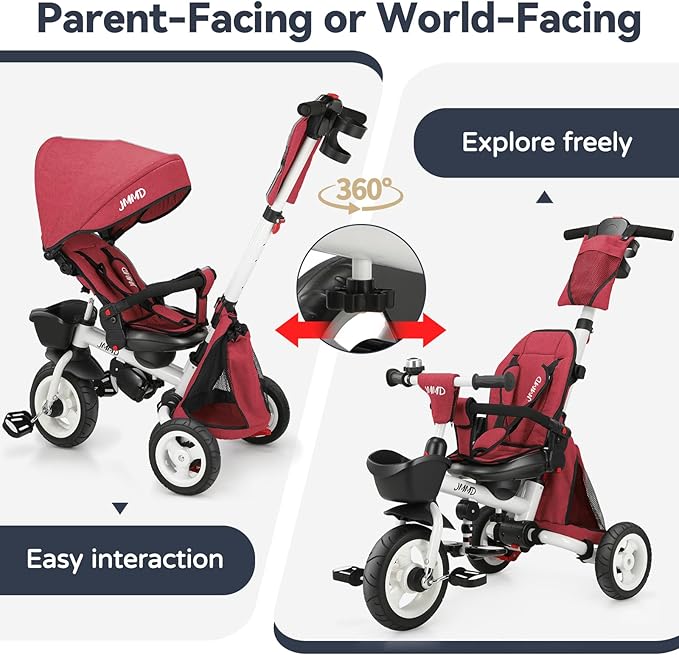 JMMD 8 in 1 Tricycle Stroller with Push Handle, Foldable Trike with 360° Swivel Seat, Reclining Backrest, All-Terrain Wheels, Dual Brakes, Canopy & Storage, Gift for Kids 18 Months to 5 Years, Red