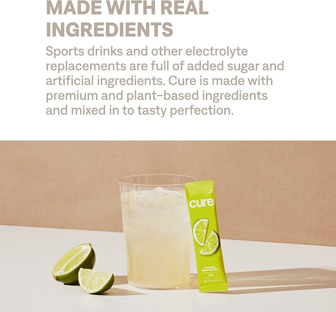 Cure Hydration | Plant-Based Electrolyte Drink Mix | No Added Sugar | FSA-HSA | Dehydration Relief Powder Made with Coconut Water | Non-GMO | Vegan | Pouch of 14 Packets - Lime
