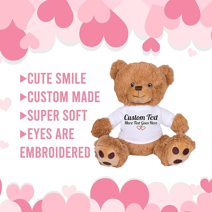 TeesAndTankYou Custom Teddy Bear 8 Inch with Custom Text, Personalized Gift for Anniversary, Graduation, Christmas, Brown Stuffed Animal White Shirt CT