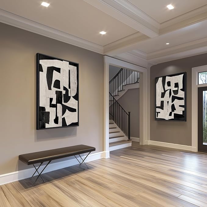 Large Framed Black and White Abstract Wall Art for Living Room, 24x36 In | 2 Piece, Canvas Prints, Black and Beige Pictures, Modern Minimalist Paintings, Geometric, Bedroom Hallway Entryway Wall Decor