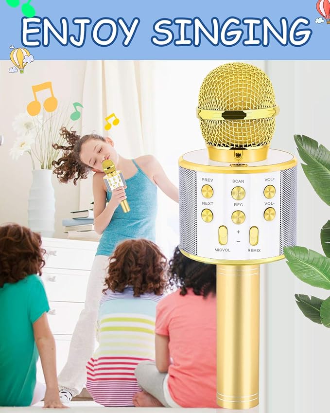 Gifts for 4 5 6 7 8 9 10 11 12 Year Old Girls, Handheld Karaoke Microphone for Kids Fun Toys for 4-13 Year Old Girls Birthday Gifts for 5-13 Year Old Girls Boys Teens - Gold