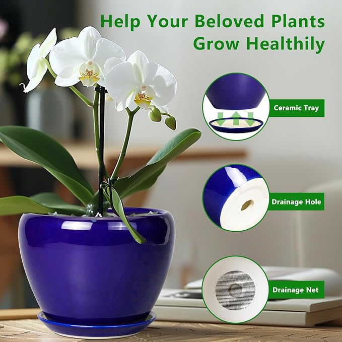 Ceramicfor Ceramic Planter 10 Inch - Indoor Plant Pot for Plants with Drainage Hole and Saucer Large Planter Round Outdoor Flower Pot Mid-Century for House Patio Decor Blue