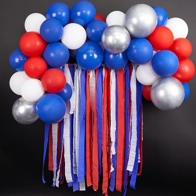 PartyWoo Patriotic Red White and Blue Crepe Paper Streamers 6pcs 492ft Pack of Red White Blue Silver Crepe Paper Streamers for Independence Day 4th of July Memorial Day USA Theme Party Decorations