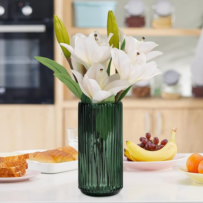 Flower Vase 10 inch Green Thickened Hand Blow Glass Vase Round Vintage Striped Bottles for Bookshelf,Dinner Table,Indoor Office Desktop,Meeting Room,Bathroom,Countertop,Home